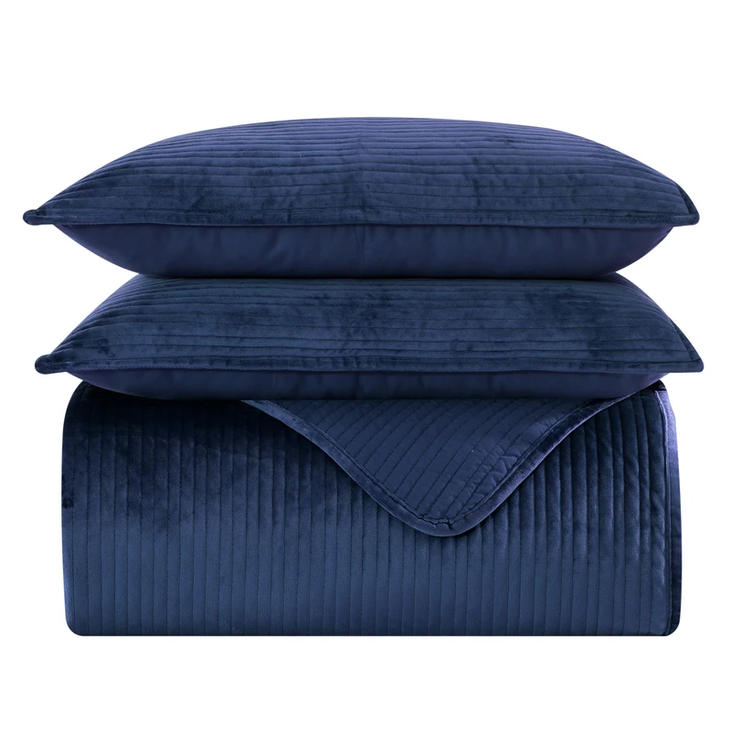 Elegant Comfort Luxury 3-Piece Velvet Corduroy Stripe Quilt Set, Ultra Soft Bedspread - Cozy Velvet Coverlet Set - 3PC Medium Weight Quilted Set with Matching Pillow Shams, King, Navy Blue