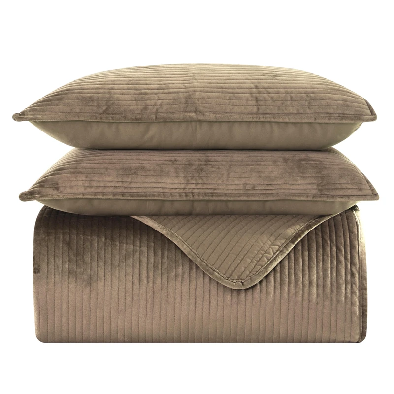 Elegant Comfort Cozy Coverlet Set-3PC Medium Weight Quilted Set with Matching Pillow Shams, Polyester Mink Velvet, Khaki, Queen