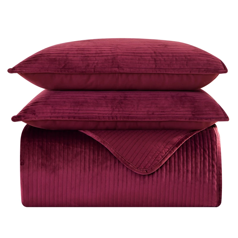 Elegant Comfort Luxury 3-Piece Velvet Corduroy Stripe Quilt Set, Ultra Soft Bedspread - Cozy Velvet Coverlet Set - 3PC Medium Weight Quilted Set with Matching Pillow Shams, Twin XL, Burgundy