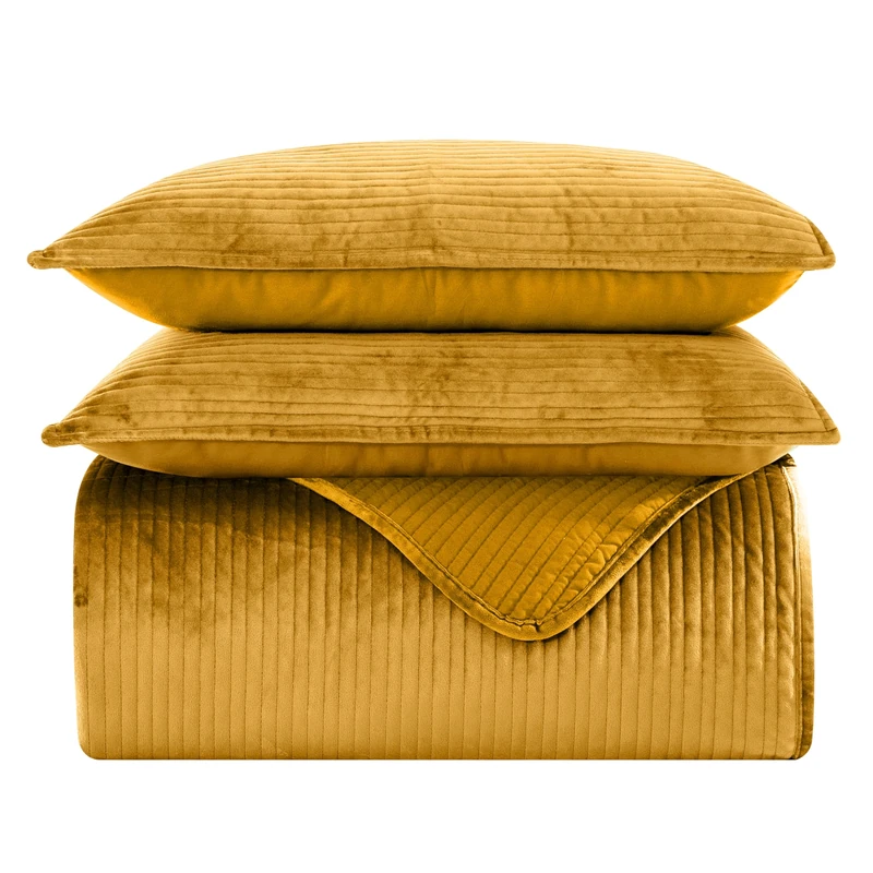 Elegant Comfort Luxury 3-Piece Velvet Corduroy Stripe Quilt Set, Ultra Soft Bedspread - Cozy Velvet Coverlet Set - 3PC Medium Weight Quilted Set with Matching Pillow Shams, Full, Gold