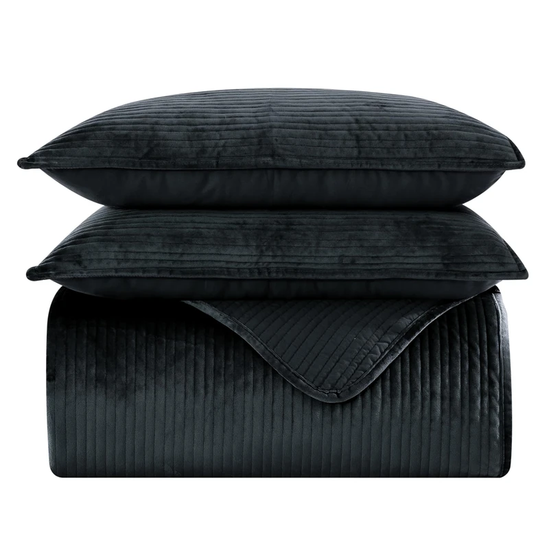 Elegant Comfort Luxury 3-Piece Velvet Corduroy Stripe Quilt Set, Ultra Soft Bedspread - Cozy Velvet Coverlet Set - 3PC Medium Weight Quilted Set with Matching Pillow Shams, Queen, Black