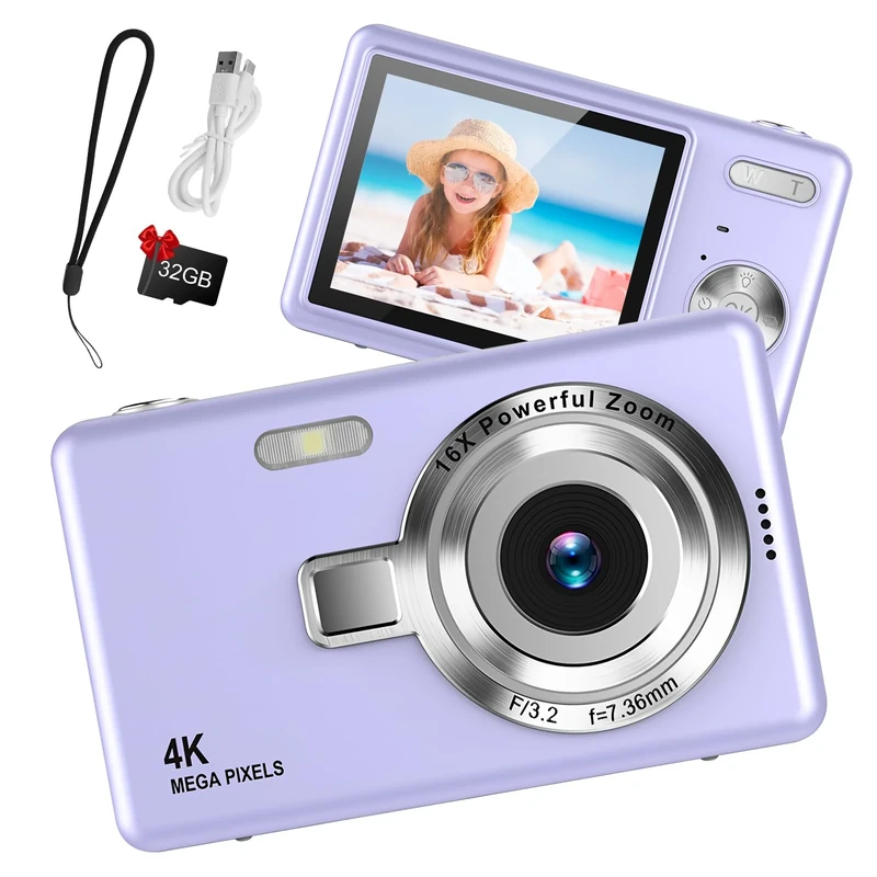 Digital Camera 1080P FHD 44MP with 2.4" LCD Screen,16X Digital Zoom, Compact Portable Vlogging Camera with 32gb SD Card for Kids Teen Students Beginner (Purple)