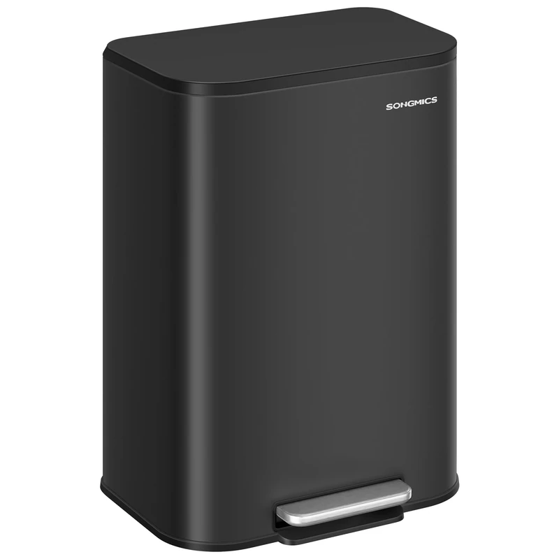 SONGMICS Kitchen Bin, 50 L Pedal Bin, Steel Trash Bin, Soft-Close Lid, Stays Open, Inner Bucket, Wide Non-Slip Pedal, Ink Black LTB547B01