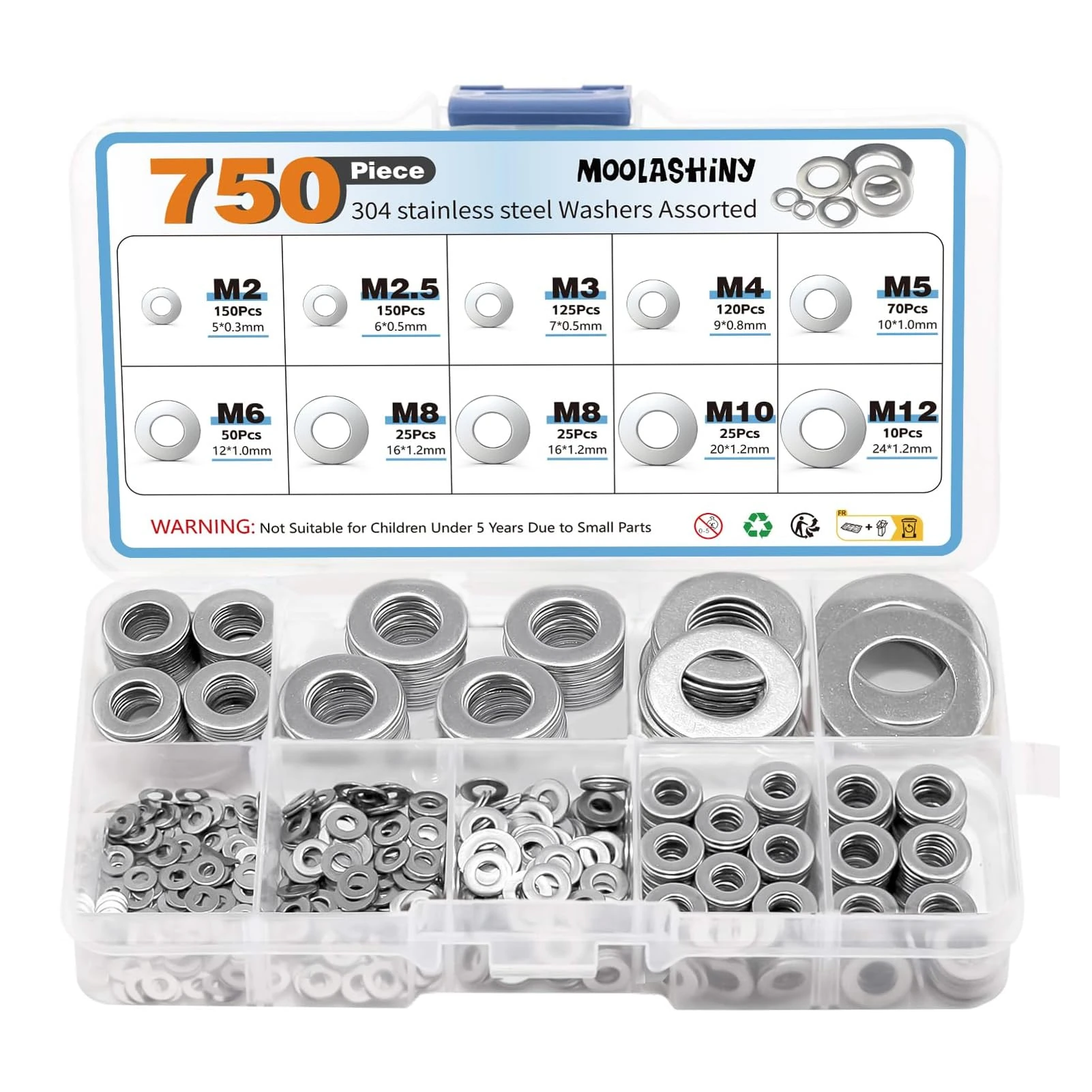 750Pcs Washers for Screws, Stainless Steel Flat M2/M2.5/M3/M4/M5/M6/M8/M10/M12 9 Sizes Metal Washers for Bolts Hardware Assortment Set for Home Repair Construction