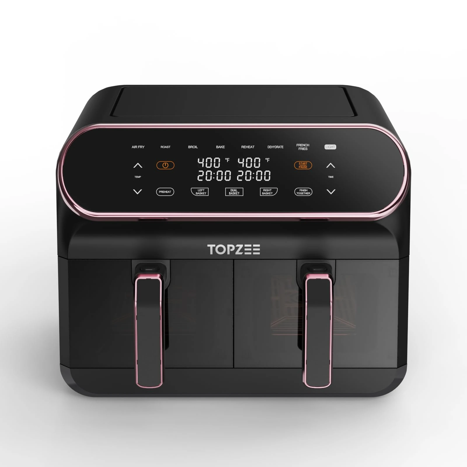 TOPZEE 8L Large Air Fryer, Dual Basket Airfryer with Easy View Windows, 2 Independent 4L Nonstick Dishwasher Safe Baskets, w/Pink Border