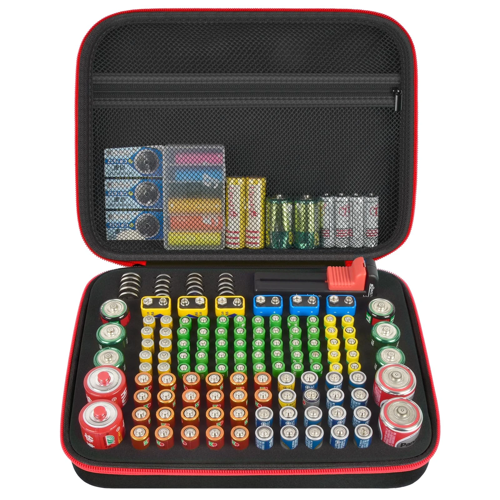 Battery Organizer Storage Holder Case Box with Tester Checker BT-168. Holds 136+ Batteries AA AAA C D Cell 9V 3V Lithium (Black, Medium)