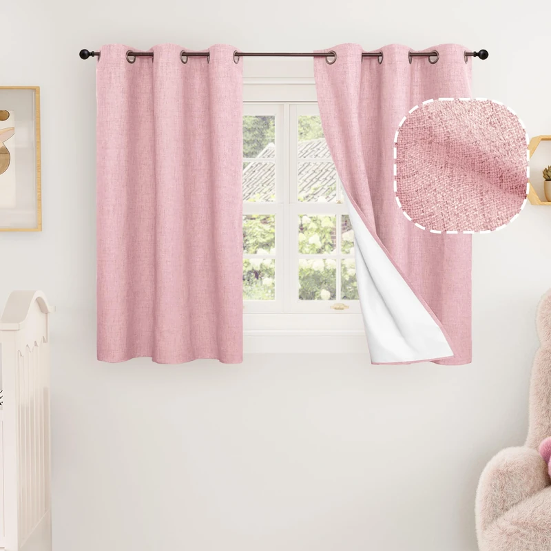Baby Pink Linen Blackout Curtains for Nursery 40 Inch Length 2 Panels, Short Thermal Insulated Boho Total Black Out Noise Reducing Small Window Curtains for Girls Bedroom, Each 38 Inch Wide