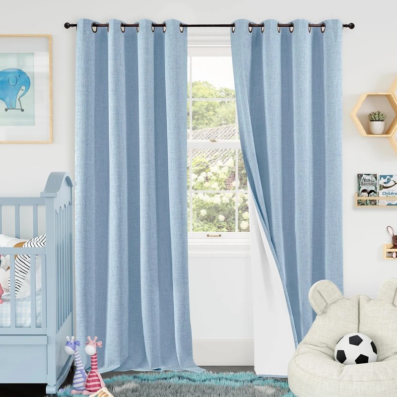 Baby Blue Linen Blackout Curtains for Nursery 95 Inch Length 2 Panels Set, Thermal Insulated Boho Total Black Out Noise Reducing Bonzer Grommets Window Curtains for Kids Bedroom, Each 52 Inch Wide