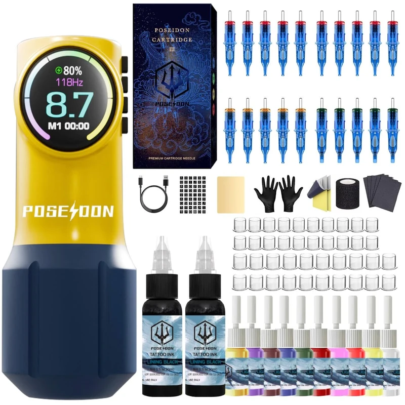 Tattoo Pen Kit, Wireless Rotary Gun Kit, LED Color Screen Tattoo Machine Kit with 20Pcs Cartridge Needles and 12 Inks, Tattoo Kit Tattoo Supplies for Beginners