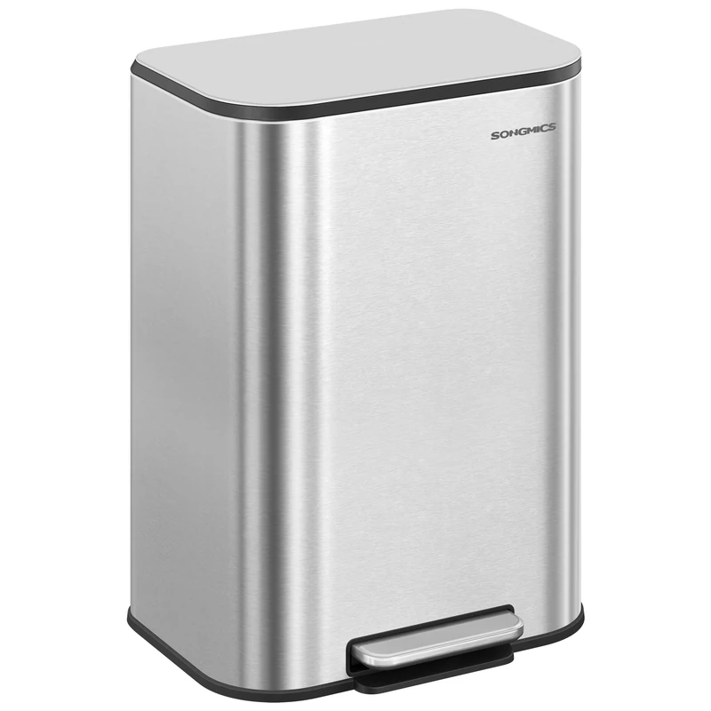 SONGMICS Kitchen Bin, 50 L Pedal Bin, Steel Trash Bin, Soft-Close Lid, Stays Open, Inner Bucket, Wide Non-Slip Pedal, Metallic Silver LTB547E01