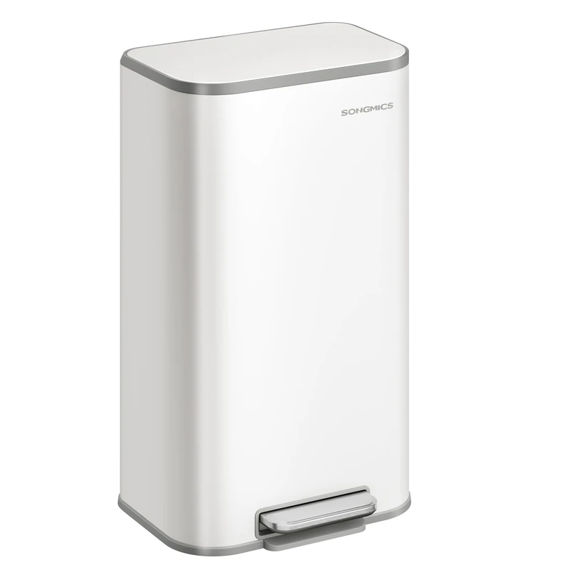 SONGMICS Kitchen Bin, 30 L Pedal Bin, Steel Trash Bin, Soft-Close Lid, Stays Open, Inner Bucket, Wide Non-Slip Pedal, Cloud White LTB546W01