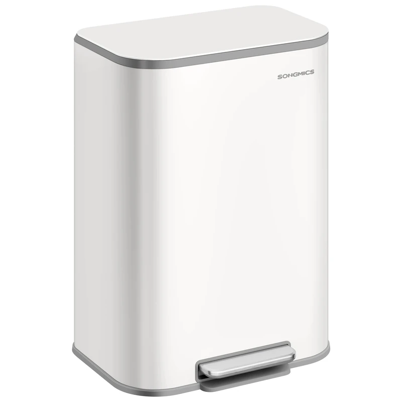 SONGMICS Kitchen Bin, 50 L Pedal Bin, Steel Trash Bin, Soft-Close Lid, Stays Open, Inner Bucket, Wide Non-Slip Pedal, Cloud White LTB547W01