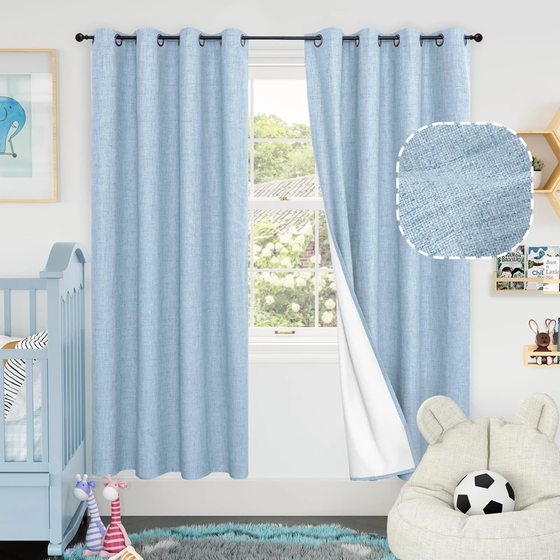 Baby Blue Linen Blackout Curtains for Nursery 72 Inch Length 2 Panels Set, Thermal Insulated Boho Total Black Out Noise Reducing Bonzer Grommets Window Curtains for Kids Bedroom, Each 52 Inch Wide