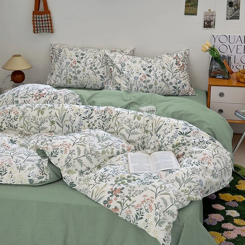 EAVD Vintage Style Garden Floral Duvet Cover Queen Soft Cotton Chic Shabby Colorful Leaves Floral Bedding Set with 2 Pillowcases Fresh Botanical Duvet Cover with Zipper Closure