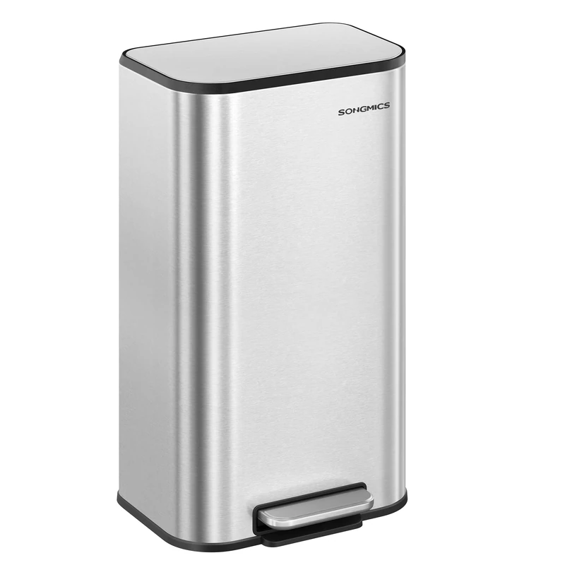 SONGMICS Kitchen Bin, 30 L Pedal Bin, Steel Trash Bin, Soft-Close Lid, Stays Open, Inner Bucket, Wide Non-Slip Pedal, Metallic Silver LTB546E01