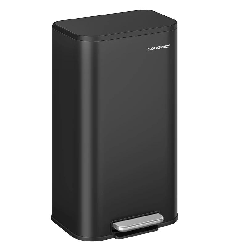 SONGMICS Kitchen Bin, 30 L Pedal Bin, Steel Trash Bin, Soft-Close Lid, Stays Open, Inner Bucket, Wide Non-Slip Pedal, Ink Black LTB546B01