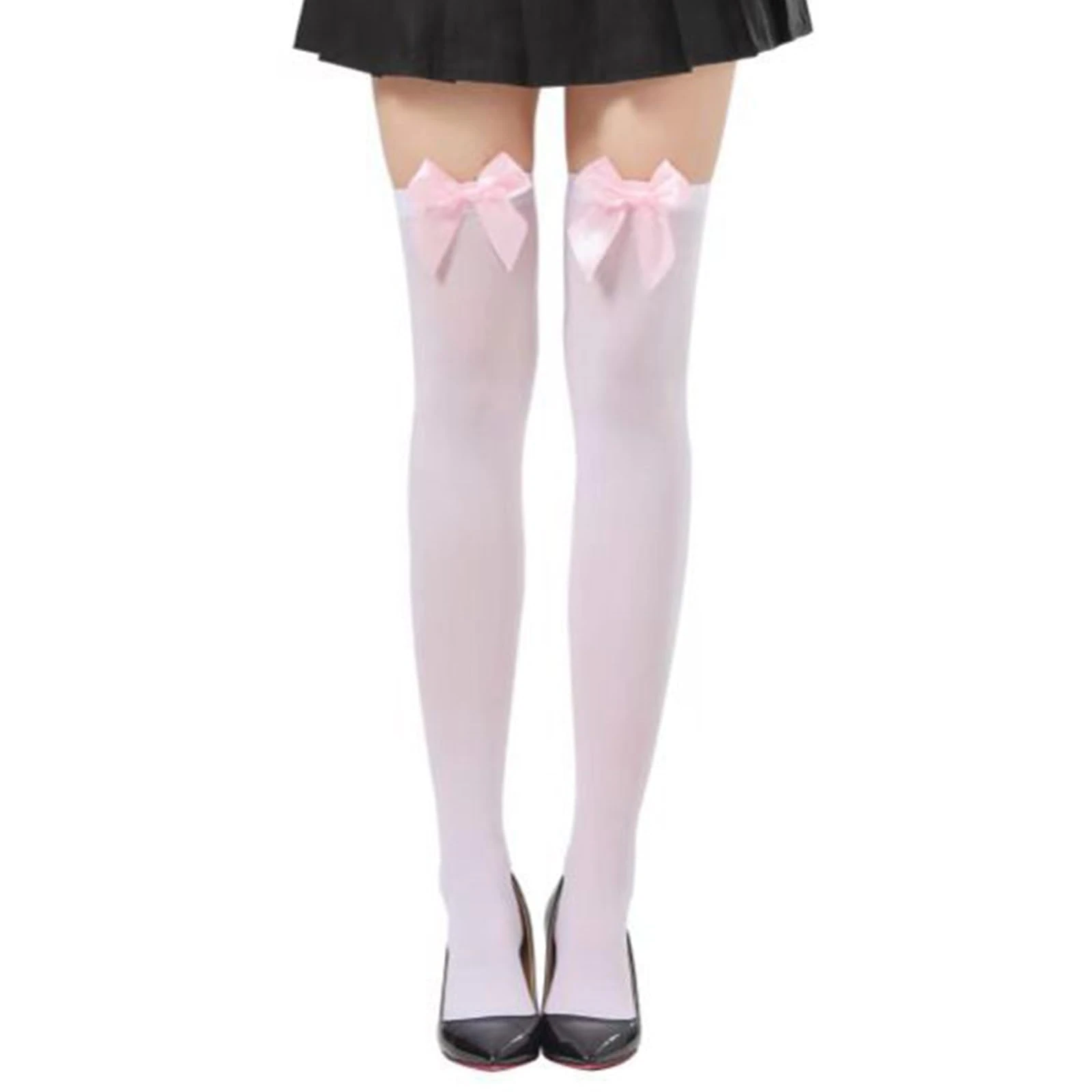 White Knee High Socks for Girls: Thigh High Stockings with Pink Satin Bow, Over Knee High Long Socks, Opaque Lace Thigh High Tights Stockings for Christmas Halloween Valentine's Day, Daily Dress