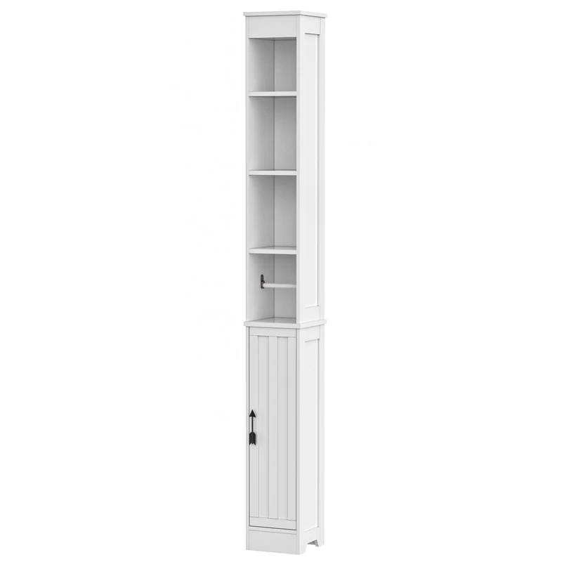 VECELO Tall Bathroom Cabinet, Slim Storage Unit with 1 Handle Cupboard Doors, 2 Internal & 4 Open Adjustable Shelves for Hallway, Living Room, Kitchen