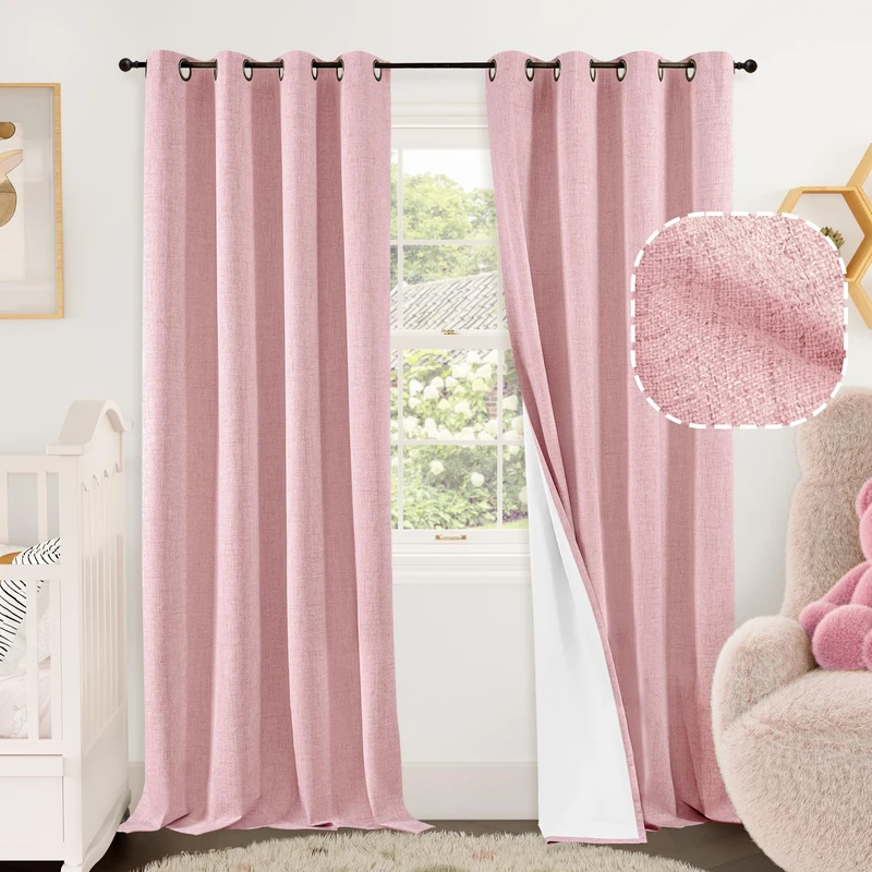 Baby Pink Linen Blackout Curtains for Nursery 90 Inch Length 2 Panels Set, Thermal Insulated Boho Total Black Out Noise Reducing Bonzer Grommets Window Curtains for Girls Bedroom, Each 52 Inch Wide