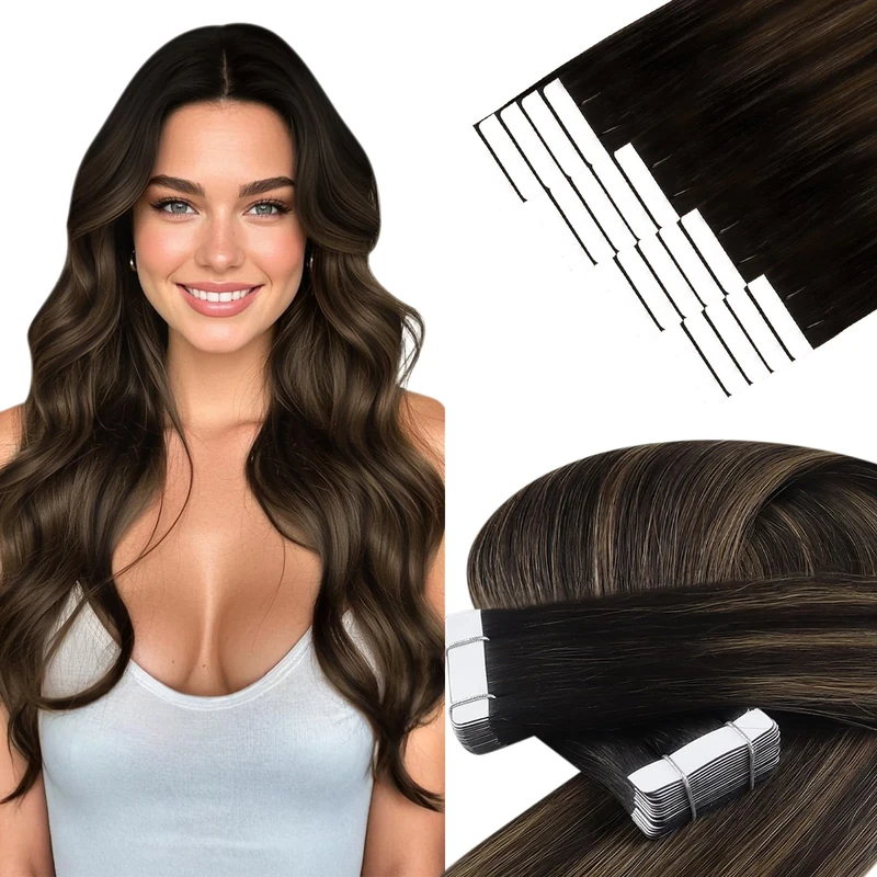 YoungSee Tape in Hair Extensions Human Hair Balayage Brown Tape Hair Extensions for Short Hair Dark Brown Ombre Brown Looks Natural 12 Inch 20pcs 30G
