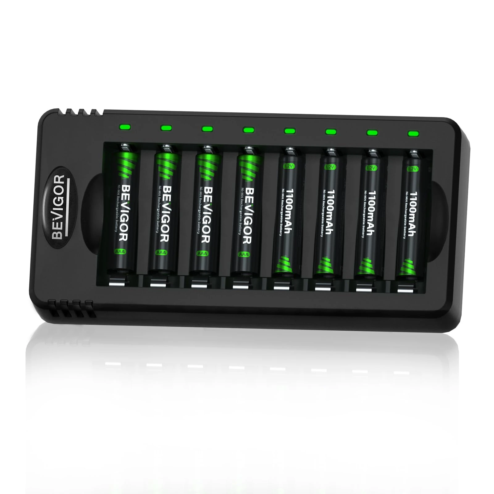 BEVIGOR AAA Rechargeable Batteries 8 Pcs 1100mAh with 8-slot AA AAA Battery Charger, 5V 2A Fast Charging Function,Type C Input for Ni-MH/Ni-CD Rechargeable Batteries