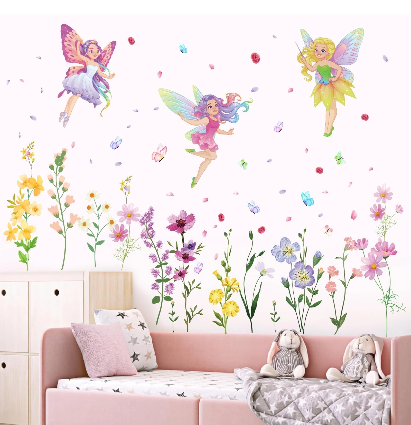 KAIRNE Pink Floral Fairy Wall Stickers, Cartoon Butterfly Decals for Girls' Room, PVC Material, Indoor Use