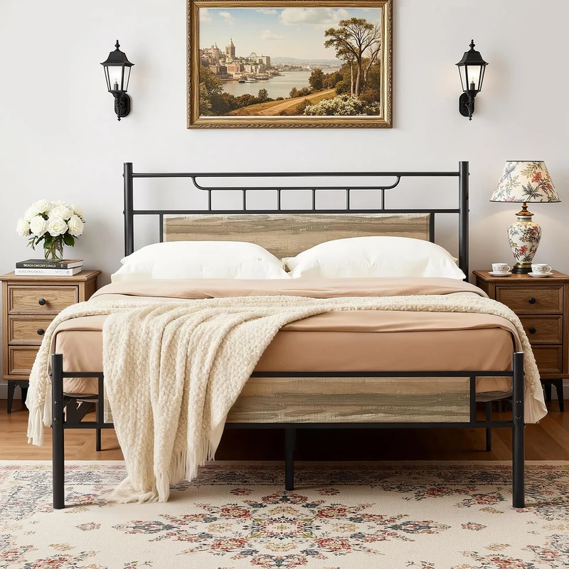 VECELO 4ft6 Double Bed Frame with Wooden Headboard, 135x190 cm Metal Platform, Heavy Duty Metal Slats Support, Mattress Base No Box Spring Needed, No Noise, Easy Assembly