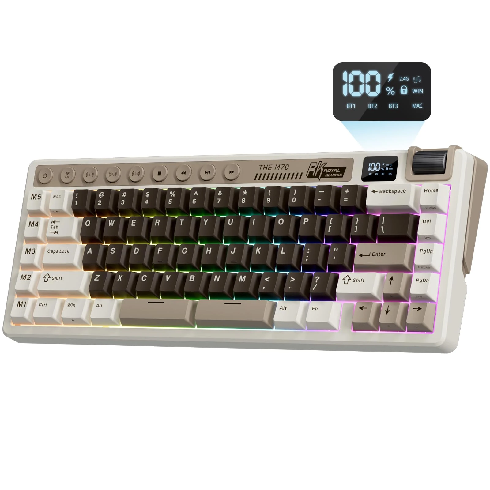RK ROYAL KLUDGE M70 Wireless Mechanical Keyboard with Macro Keys 2.4GHz/Bluetooth/Wired 75% Gaming Keyboard with 6000mAh Battery Gasket-Mount Display & Knob Hot-Swappable US Layout Linear Cream Switch