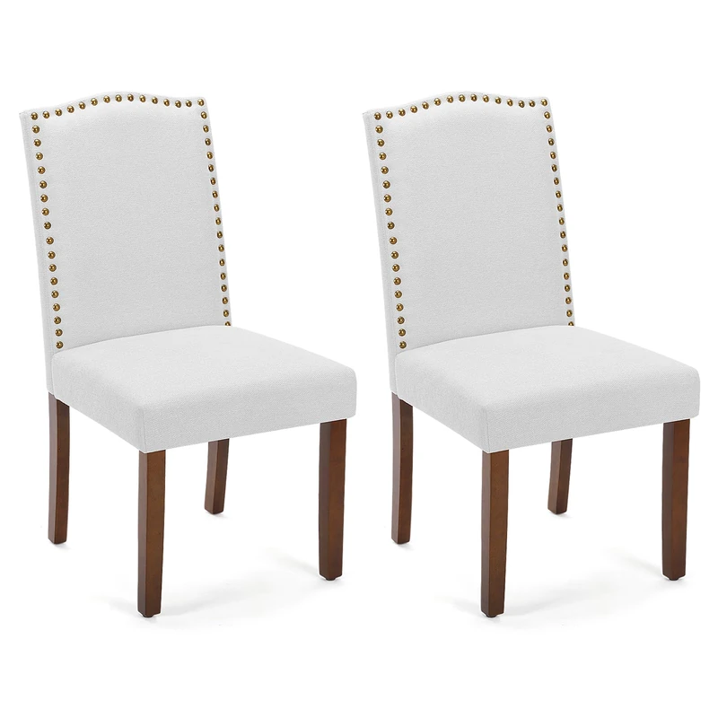 Sweetcripy Set of 2 Upholstered Dining Chairs, Premium Leather Studded Headboard Chair with Wooden Legs for Bedroom Living Dining Room, Grey