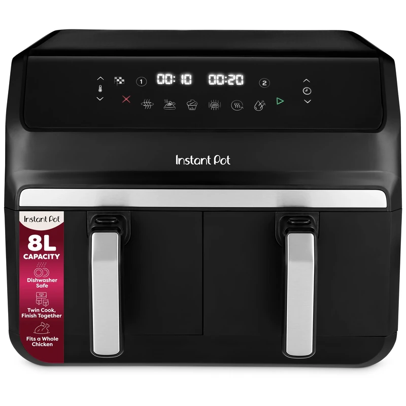 Instant Pot - Vortex Dual Black Air Fryer - Large 8L, Family Size, Twin, Double 4L Basket, 8 in 1 - Food Dehydrate, Grill, Bake, Roast, Reheat, Non-Stick, Easy Clean, Dishwasher Safe, Electric