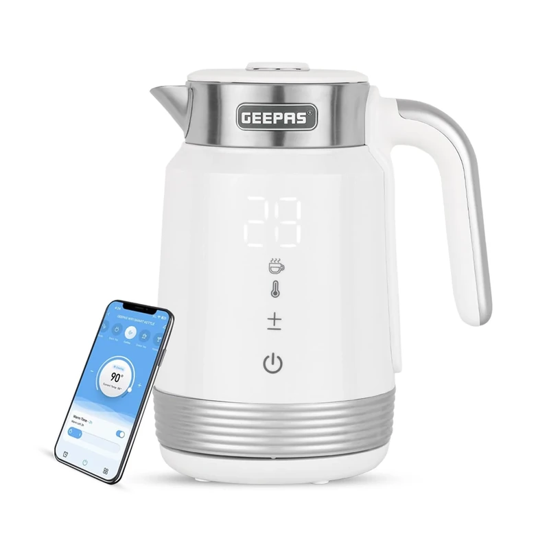 GEEPAS Digital Electric Kettle | 1.7L Wifi Tuya Smart App Control Alexa Google Voice Compatible Digital Display Auto Shut Off Cool Touch Stainless Steel Strix controller | 2 Year Warranty 2200W White