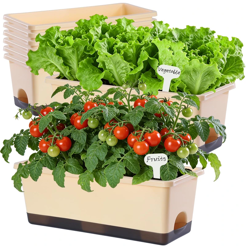 Oliz Window Box Planter 8 Pcs, 17 Inches Rectangle Flower Pots with Drainage Holes and Trays, Vegetable Planters for Windowsill Patio Garden Balcony Home Porch Yard Indoor Outdoor