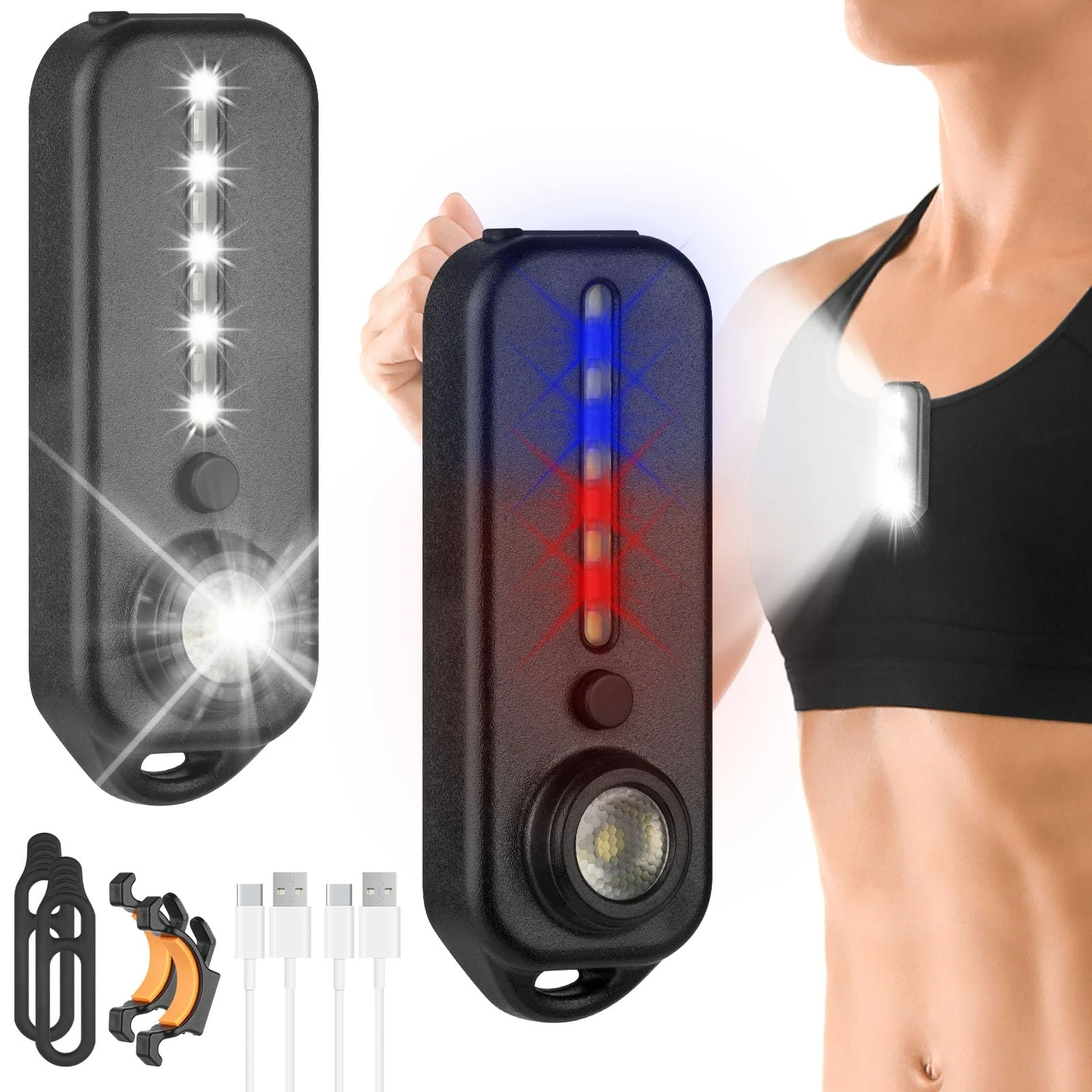 Adiwo Running Light - 2 Pack Clip-on Flashlight, Portable Rechargeable LED with 5 Modes, Ultra Bright for Camping, Fishing, Emergency