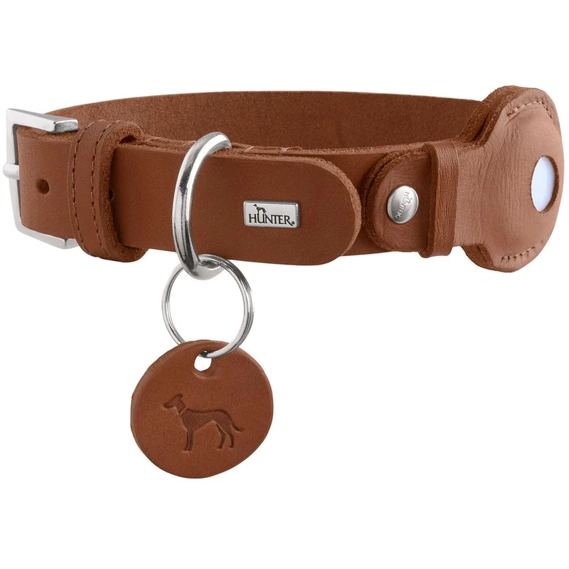 HUNTER VIBORG Dog Collar with Holder for Apple AirTag, Colour: Cognac, Robust and Soft Cowhide Leather, Integrated AirTag Holder, Made in Germany, Size: 50 - Image 1