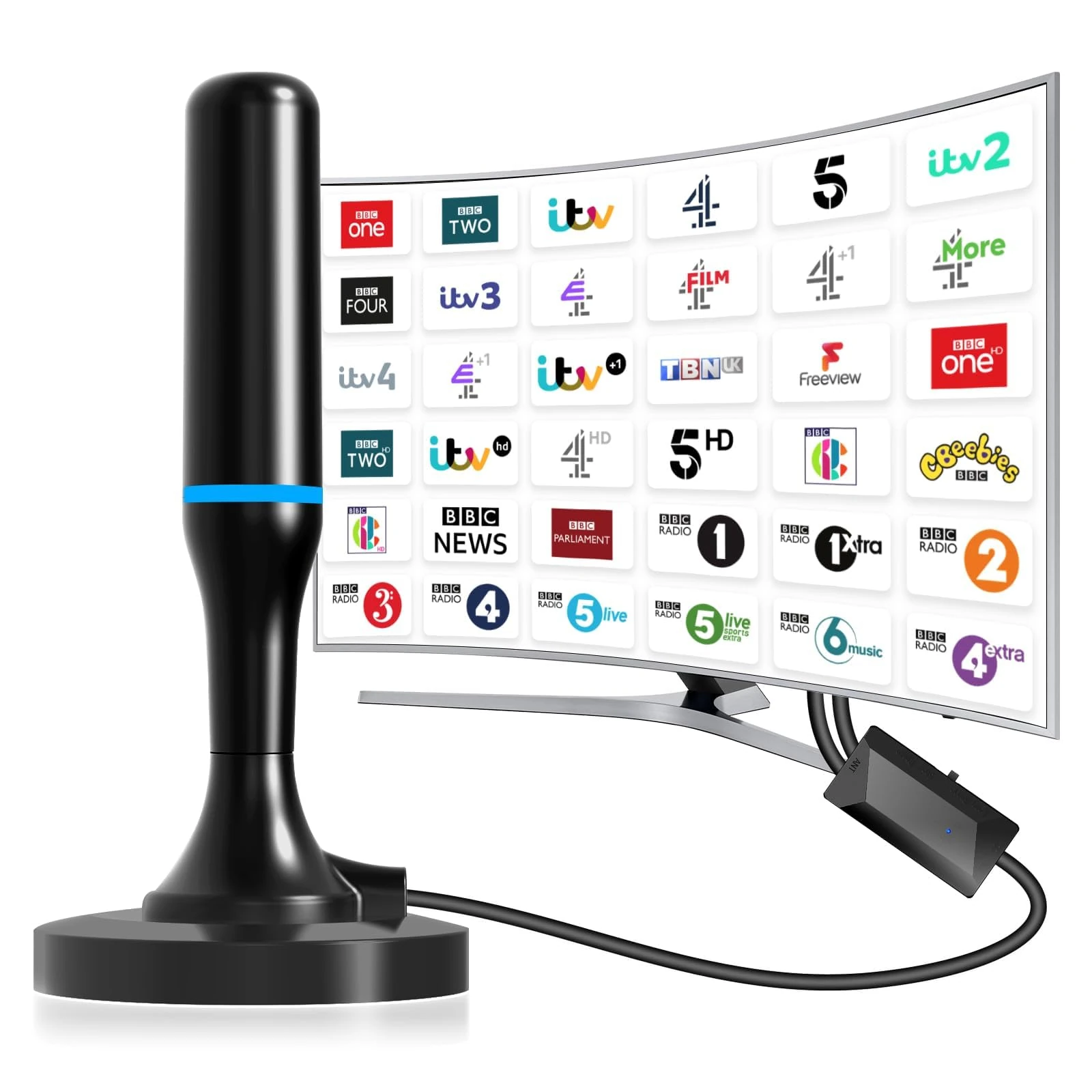 Portable Indoor TV Aerial, Digital Aerial for Smart TV with Amplifier, Freeview HD Antenna Indoor with Magnetic Base & 9.8FT Cable, Support 4K 1080P HDTV Tuner/DVB-T Television/DAB Radio/SD