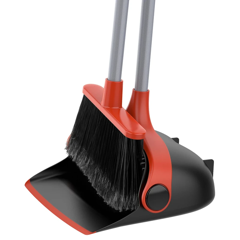 MR.SIGA Long Handled Dustpan and Brush Set, Upright Broom and Dustpan Set with Adjustable Handle, Tall Sweeping Brush with Comb Teeth for Floor Cleaning, Indoor, Outdoor, Home, Lobby, Black & Red