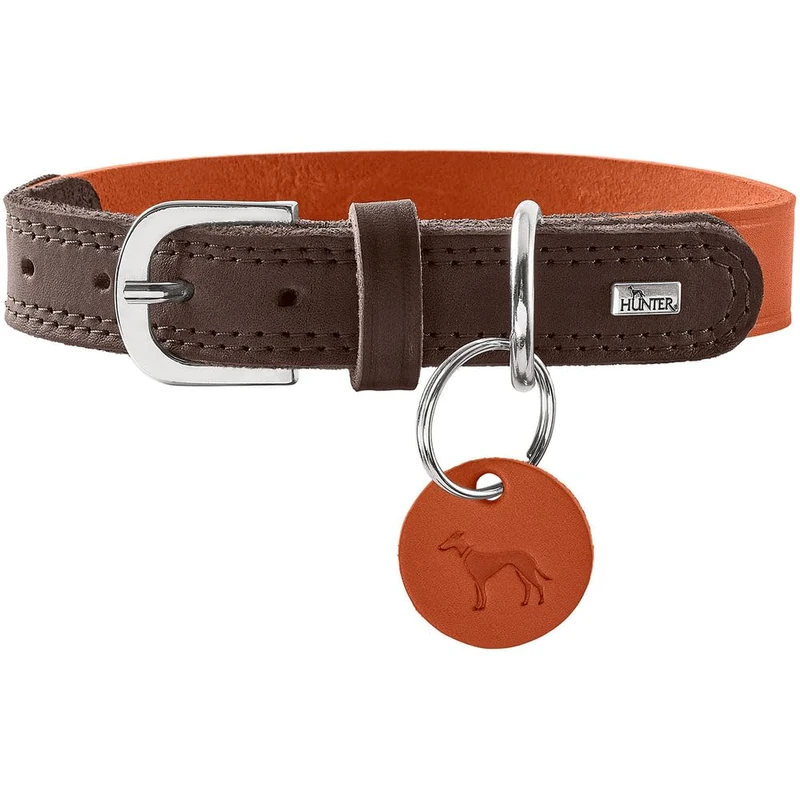 HUNTER Lemvig Dog Collar, Colour: Orange/Dark Brown, Leather, Resilient and Durable, Pleasantly Soft, Comfortable, Elegant and Trendy, Made in Germany, Size: 55