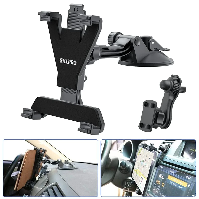 OHLPRO Dashboard Tablet Holder for Car, iPad Car Holder Suction Cup Mount Compatible with 7"-13" Tablets, Truck Windshield Vent with Flexible Arm Clip, Sturdy Adjustable Design, 360° Rotation, Black