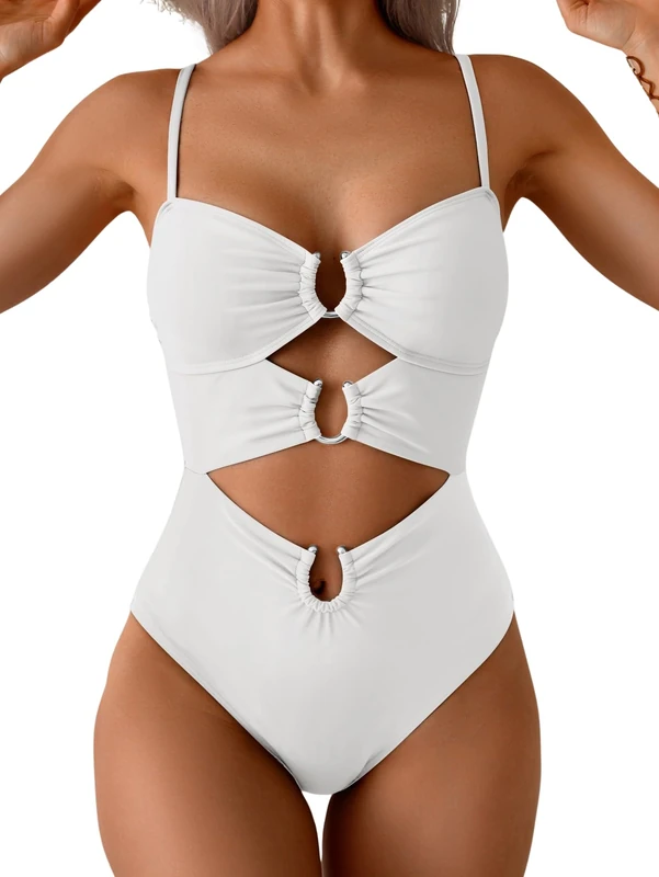 Eomenie One Piece Swimsuit for Women Ring Linked Monokini Sexy Bathing Suit Cutout Swim Suit, White, S - Image 1