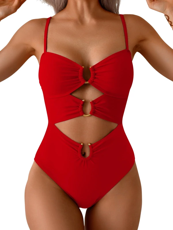 Eomenie One Piece Swimsuit for Women Ring Linked Monokini Sexy Bathing Suit Cutout Swim Suit, Red, Large