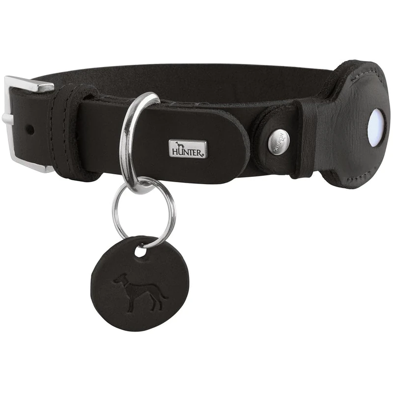 HUNTER VIBORG Dog Collar with Holder for Apple AirTag, Colour: Black, Robust and Soft Cowhide Leather, Integrated AirTag Holder, Made in Germany, Size: 60