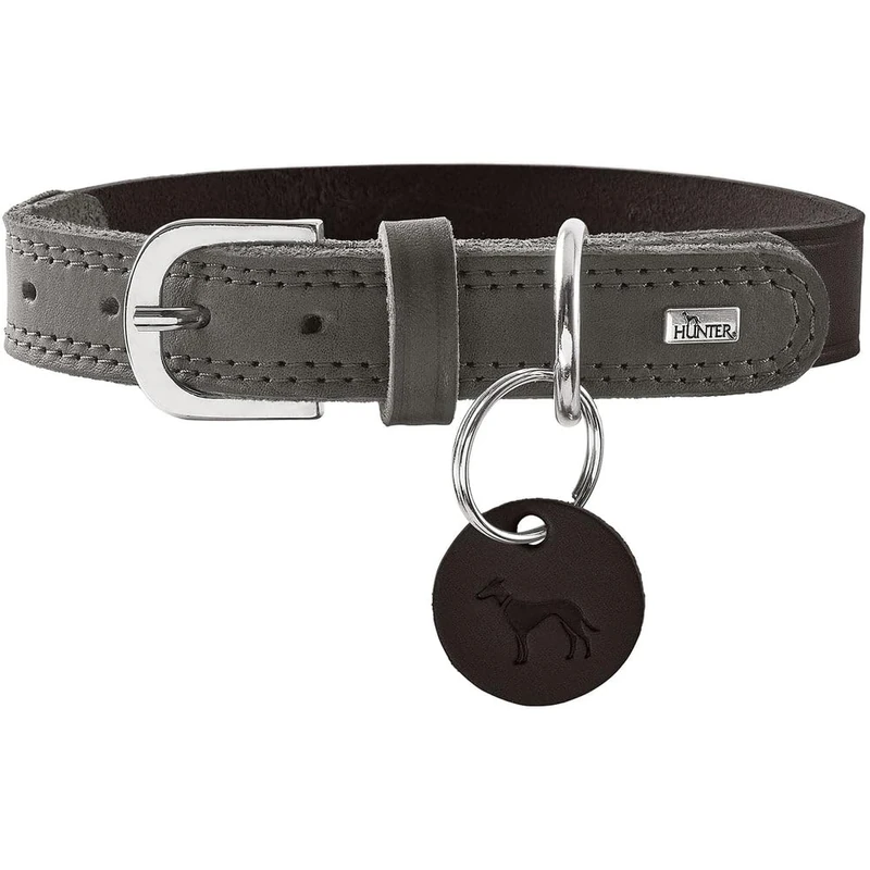 HUNTER Lemvig Dog Collar Colour: Black/Stone Grey, Leather, Durable and Comfortable, Soft, Comfortable, Elegant and Trendy, Made in Germany, Size: 60