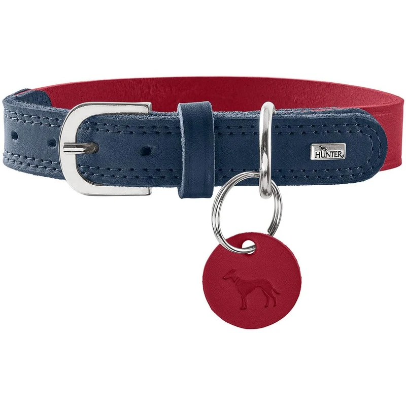 HUNTER Lemvig Dog Collar Colour: Red/Dark Blue, Leather, Durable and Comfortable, Soft, Comfortable, Elegant and Trendy, Made in Germany, Size: 60