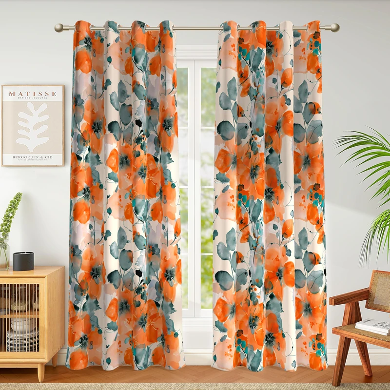 weesire 2 Pack Boho Blackout Curtains, 52x96 Inches, Orange Floral Pattern, Living Room & Bedroom