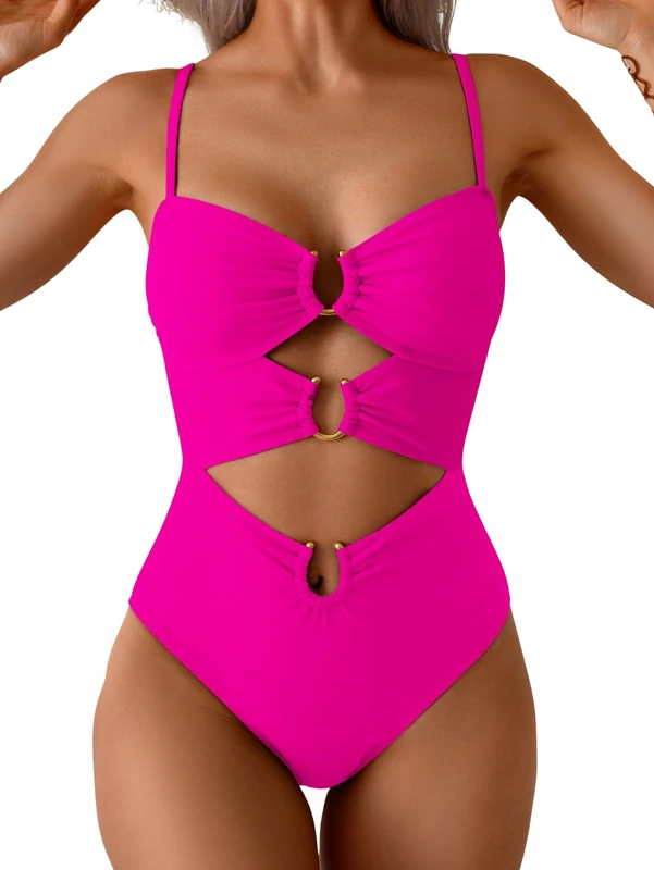 Eomenie One Piece Swimsuit for Women Ring Linked Monokini Sexy Bathing Suit Cutout Swim Suit, Hot Pink, Large