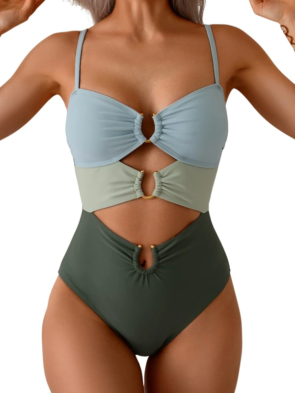 Eomenie One Piece Swimsuit for Women Ring Linked Monokini Sexy Bathing Suit Cutout Swim Suit, Green Color Block, Large