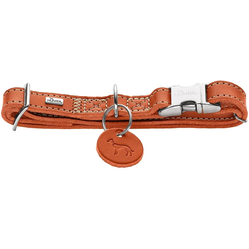 HUNTER Aalborg Aluminium Strong Dog Collar, Colour: Orange, Soft Leather, Aluminium Click Closure, Infinitely Adjustable, Robust, Elegant and Timeless, Made in Germany, Size: L