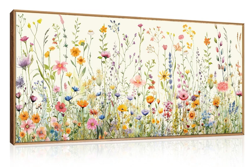 HPINUB Colorful Flower Framed Canvas Wall Art Set, Watercolor Daisy Floral Wall Decor, Wildflower Green Leaf Wall Painting, Multicolour Botanical Art Print for Living Room, Bedroom, Office -20"x40"