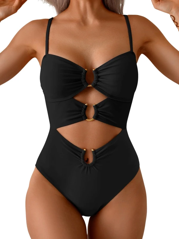 Eomenie One Piece Swimsuit for Women Ring Linked Monokini Sexy Bathing Suit Cutout Swim Suit, Black, S