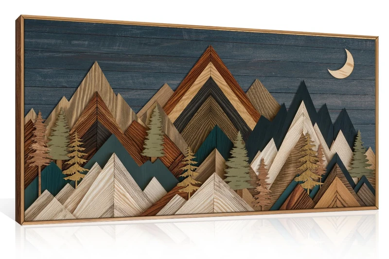 HPINUB Mountain Woodcut Nature Framed Canvas Wall Art Set,Vintage Pine Tree Wall Decor, Country Wilderness Forest Wall Painting,Modern Navy blue Art Prints for Living Room,Bedroom,Farmhouse- 20"x40"